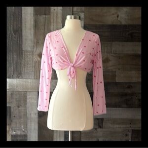 Pink red heart crop top small swim coverup tropical beach resortwear Barbiecore